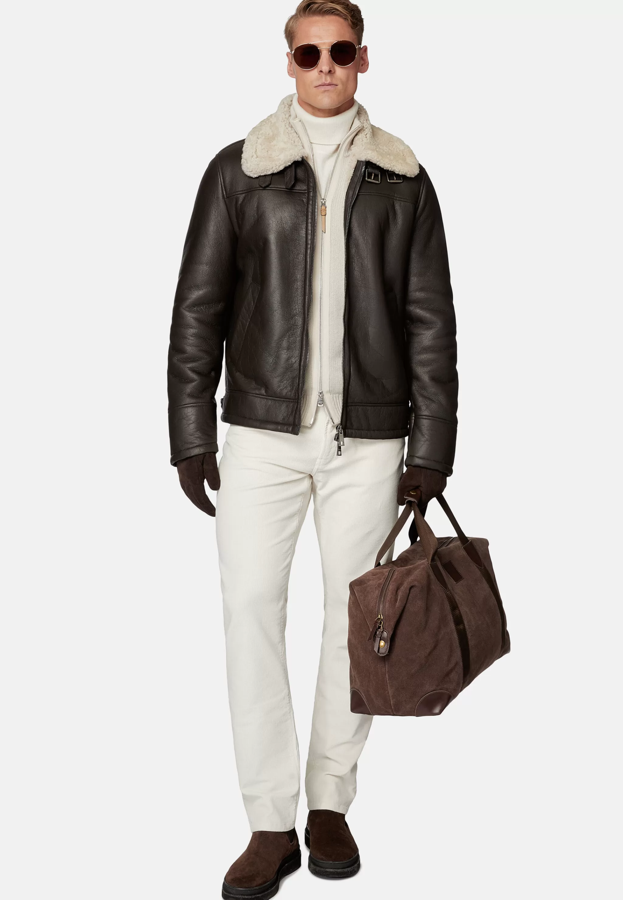 Boggi Milano Blousons*Bomber En Cuir Véritable Et Peau De Mouton Retournée Marron