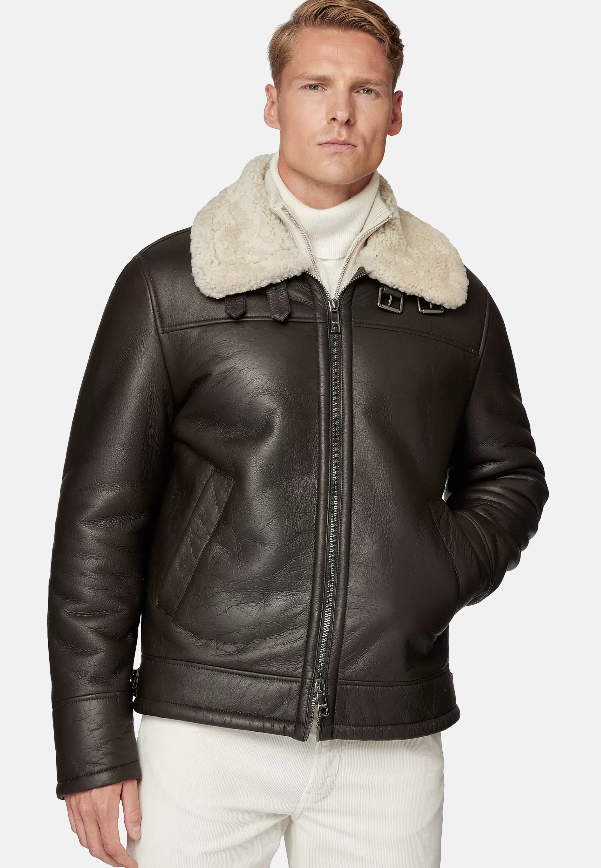 Boggi Milano Blousons*Bomber En Cuir Véritable Et Peau De Mouton Retournée Marron