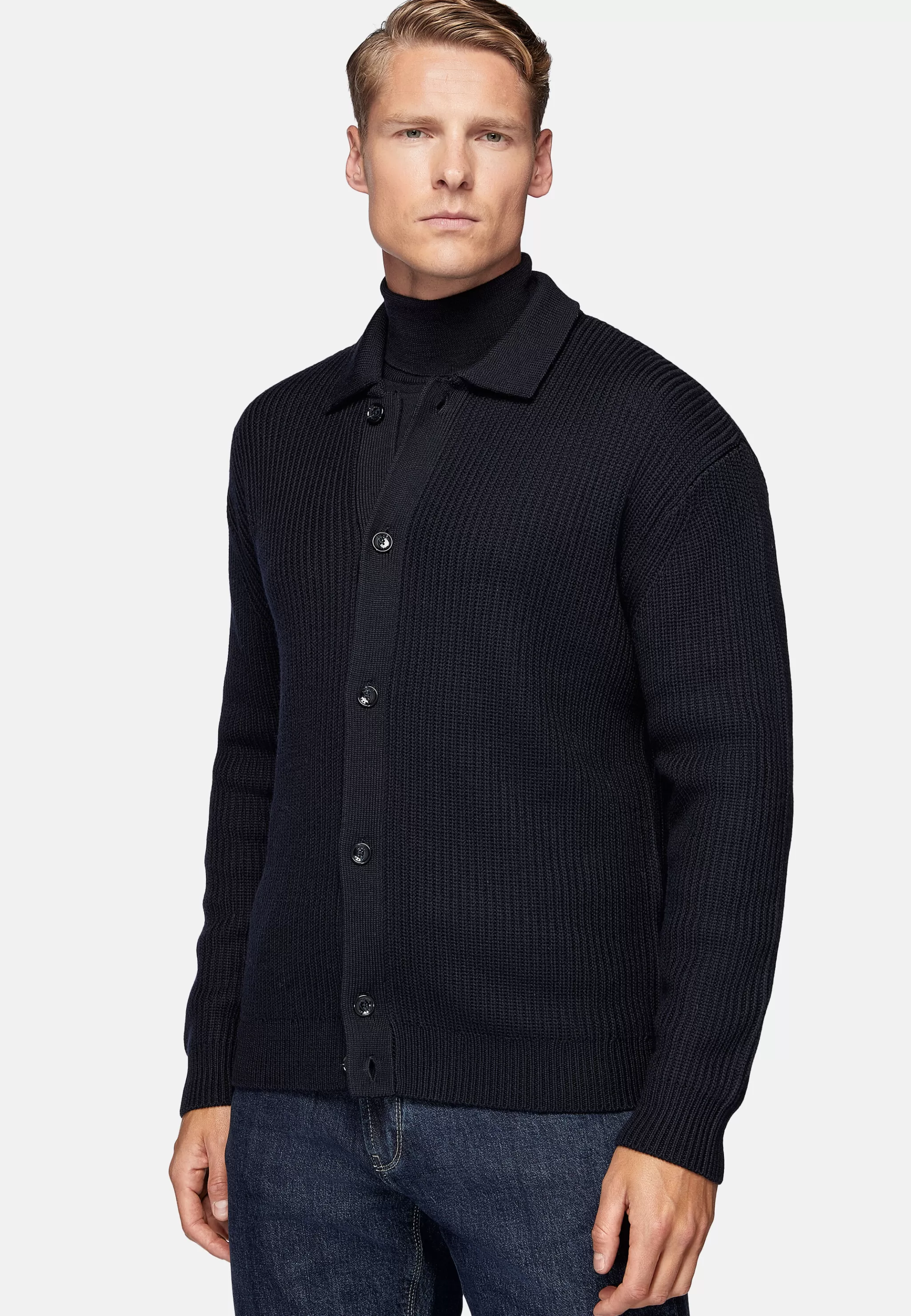 Boggi Milano Tricots*Cardigan Bleu Marine À Col Chemise En Laine Mérinos