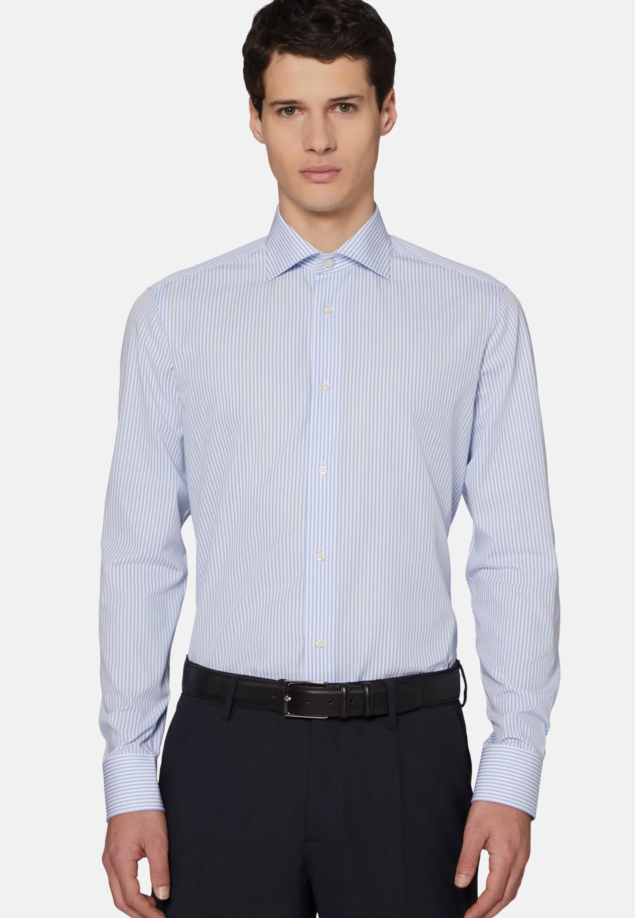 Boggi Milano Chemises Habillées*Chemise À Rayures Bleu Ciel En Coton Dobby Slim Fit Bleu clair