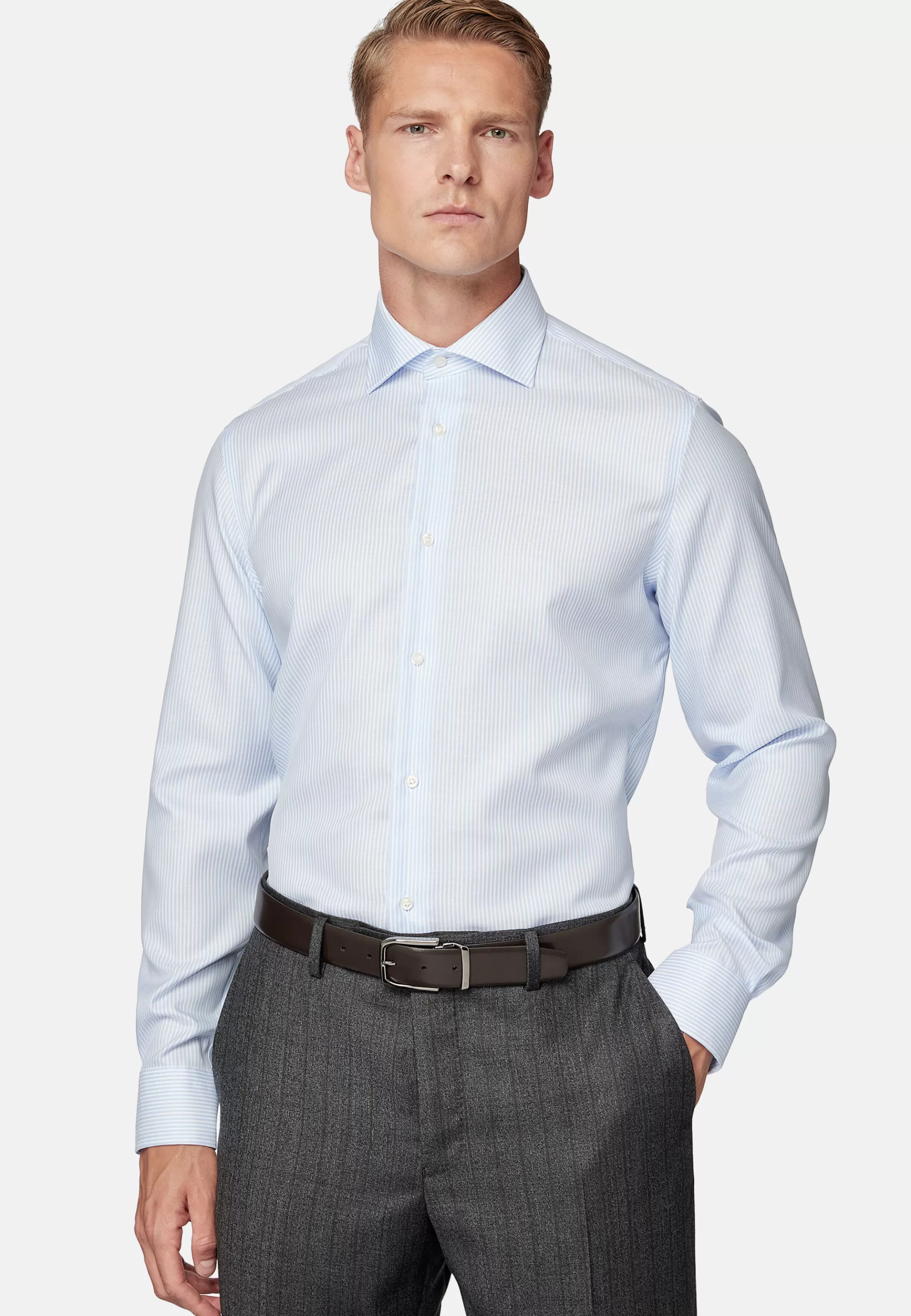 Boggi Milano Chemises Habillées*Chemise À Rayures En Sergé De Coton Slim Fit Bleu clair