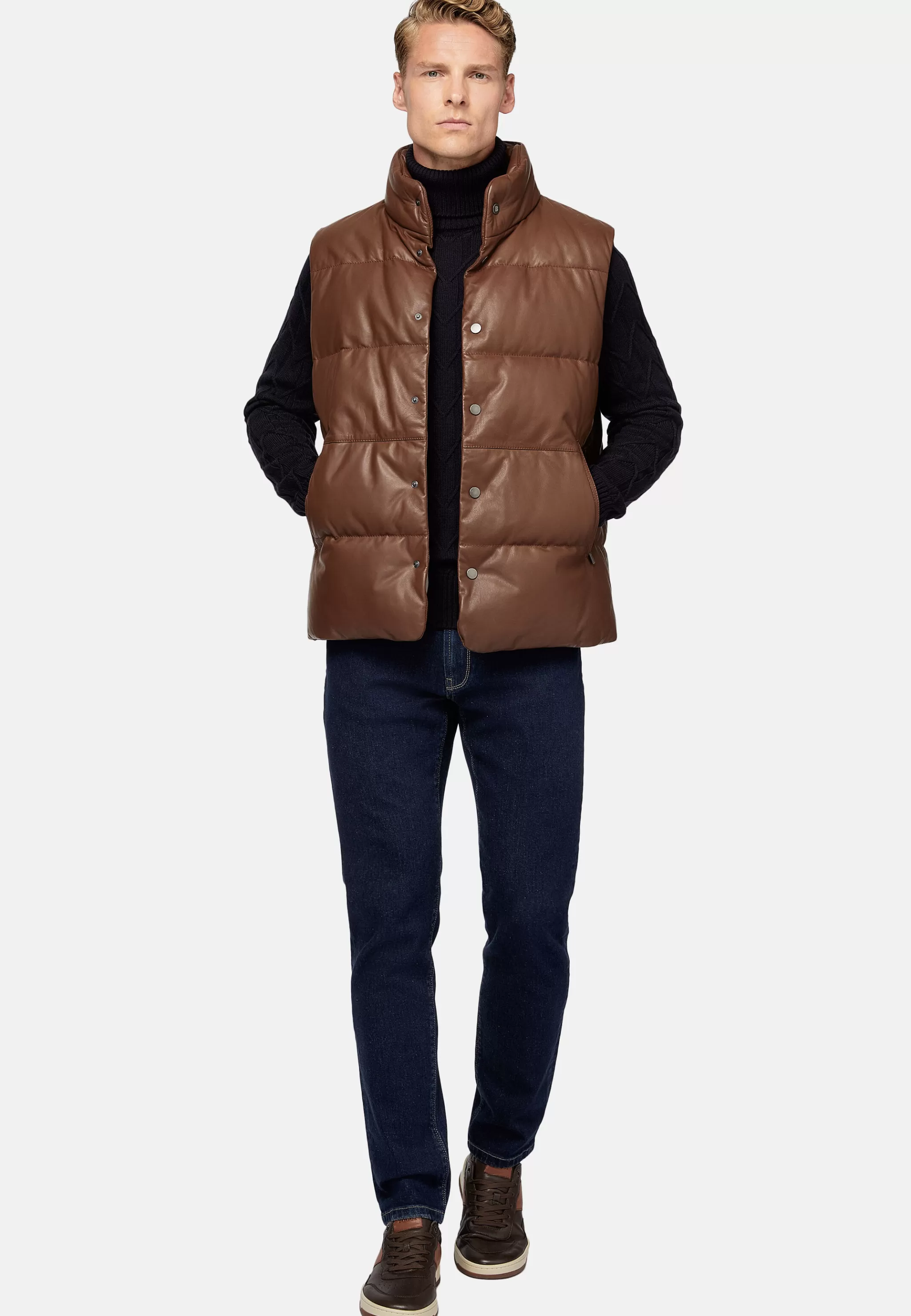 Boggi Milano Blousons*Gilet En Cuir Véritable Rembourré En Plume Marron