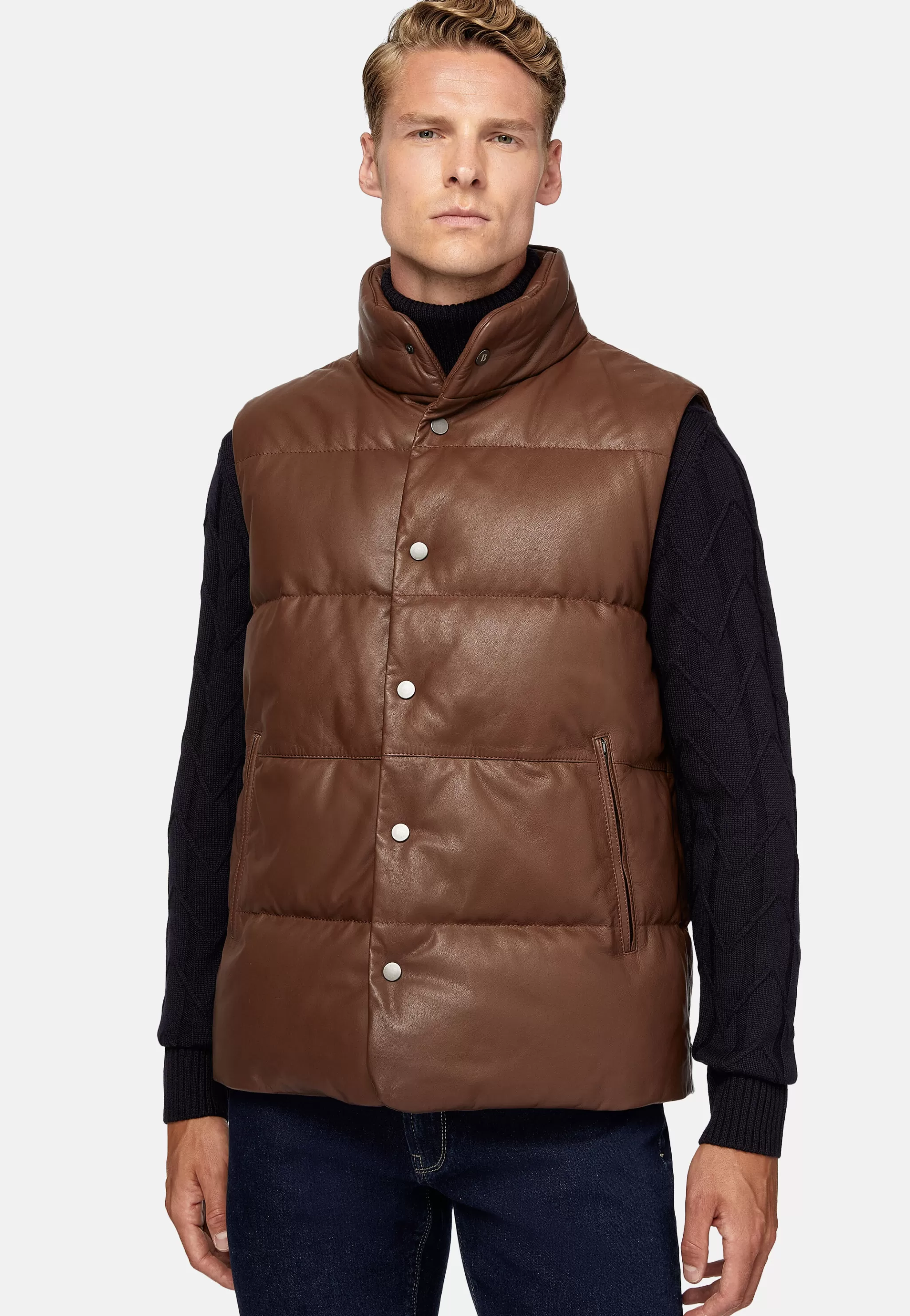 Boggi Milano Blousons*Gilet En Cuir Véritable Rembourré En Plume Marron