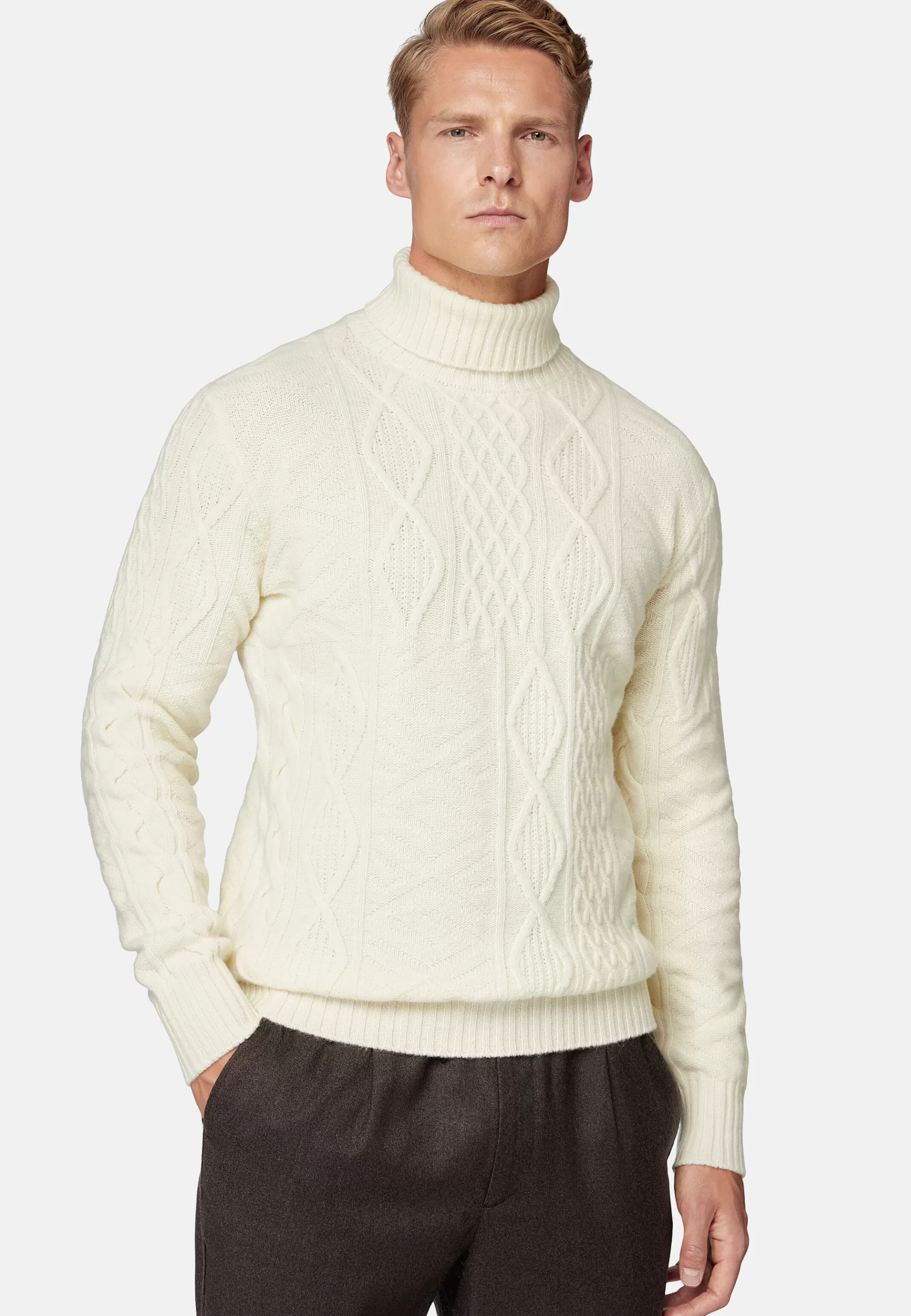Boggi Milano Tricots*Pull Col Roulé Mélange De Points En Laine Mérinos Blanc