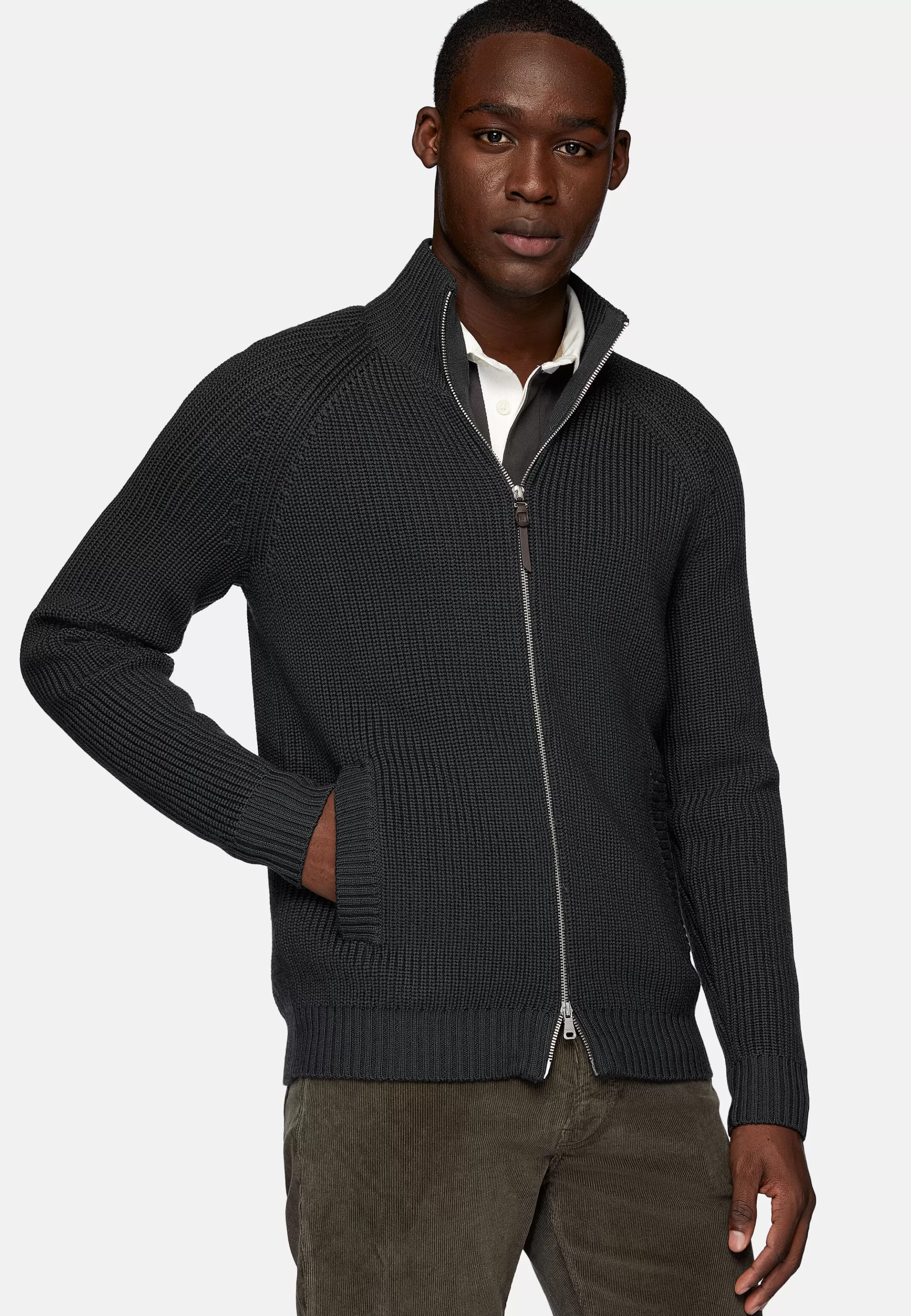 Boggi Milano Tricots*Pull Full Zip Anthracite En Laine Mérinos Charbon