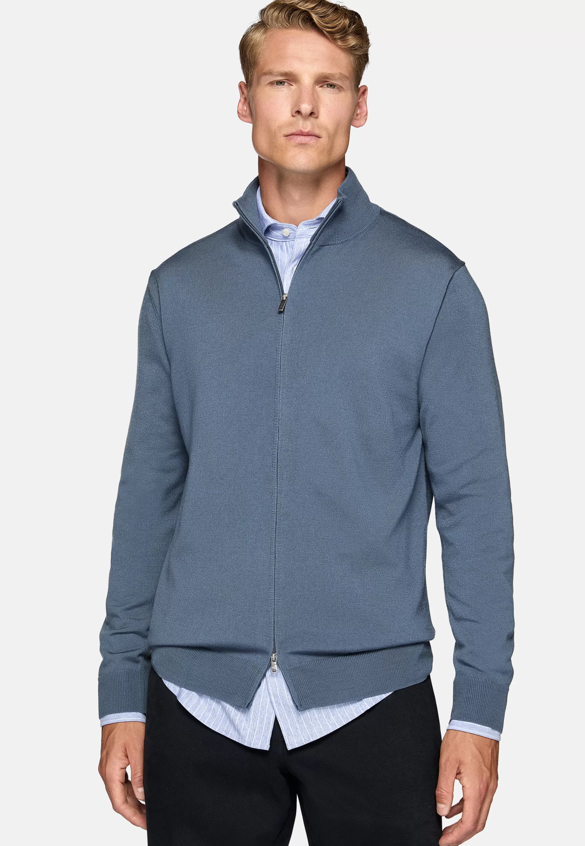 Boggi Milano Tricots*Pull Full Zip Indigo En Laine Mérinos