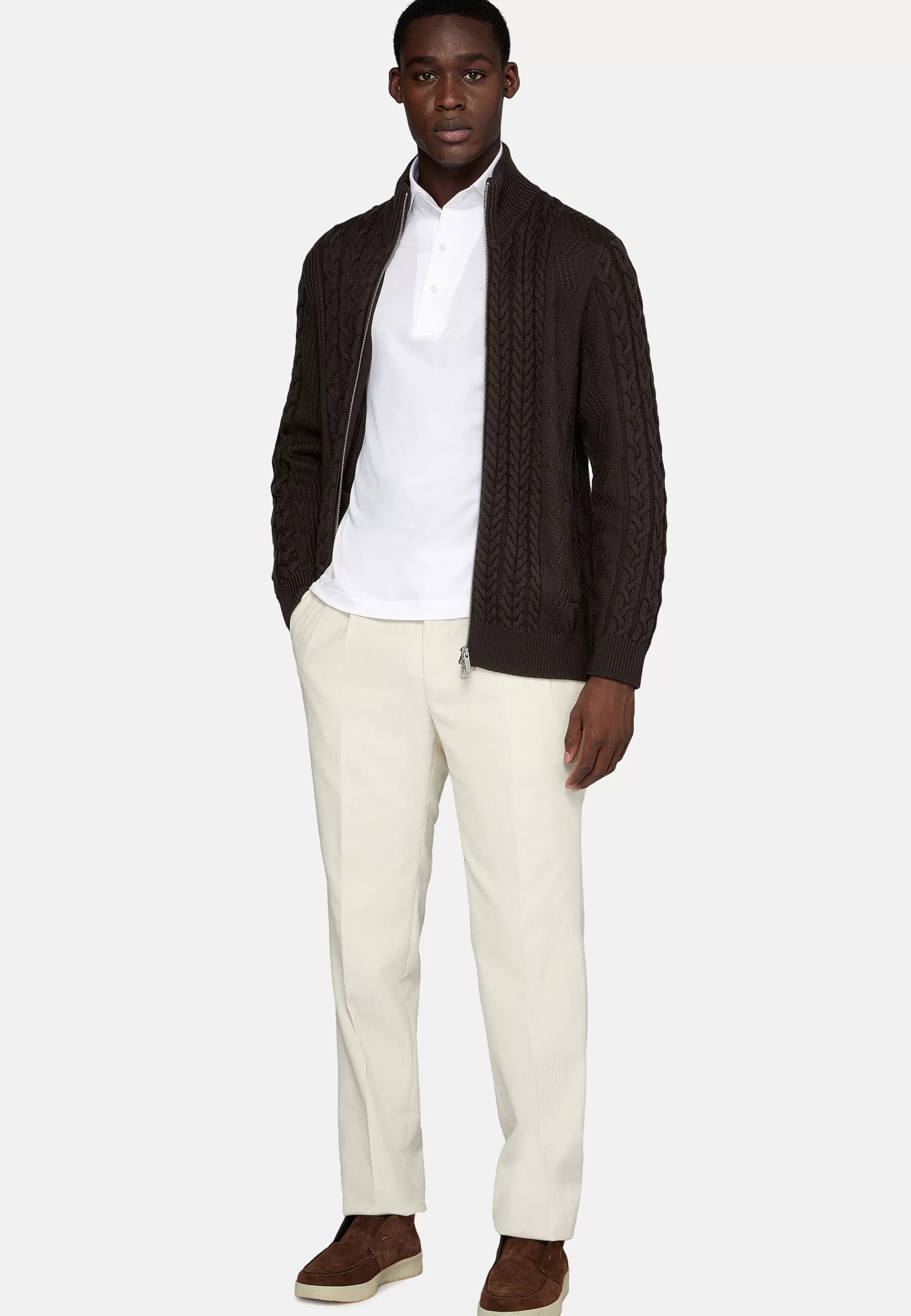 Boggi Milano Tricots*Pull Full Zip Marron Avec Mélange De Points En Laine Mérinos