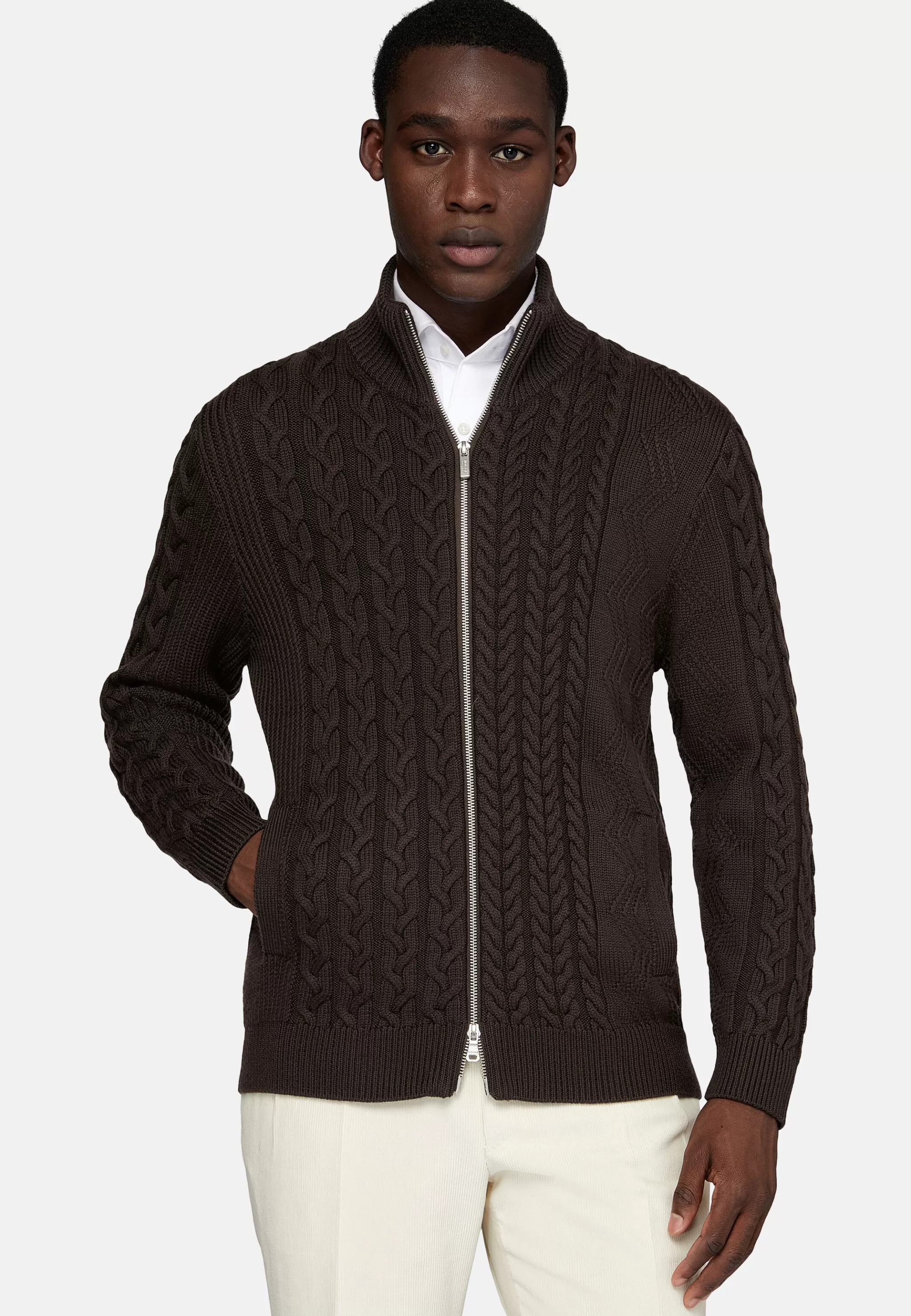 Boggi Milano Tricots*Pull Full Zip Marron Avec Mélange De Points En Laine Mérinos