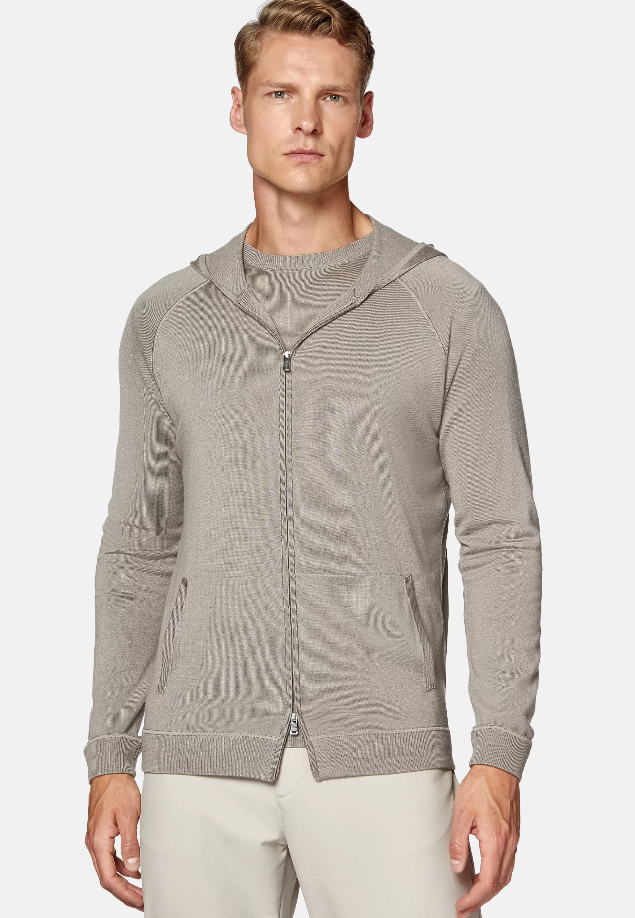 Boggi Milano Tricots*Pull Full Zip Taupe À Capuche En Laine Mérinos