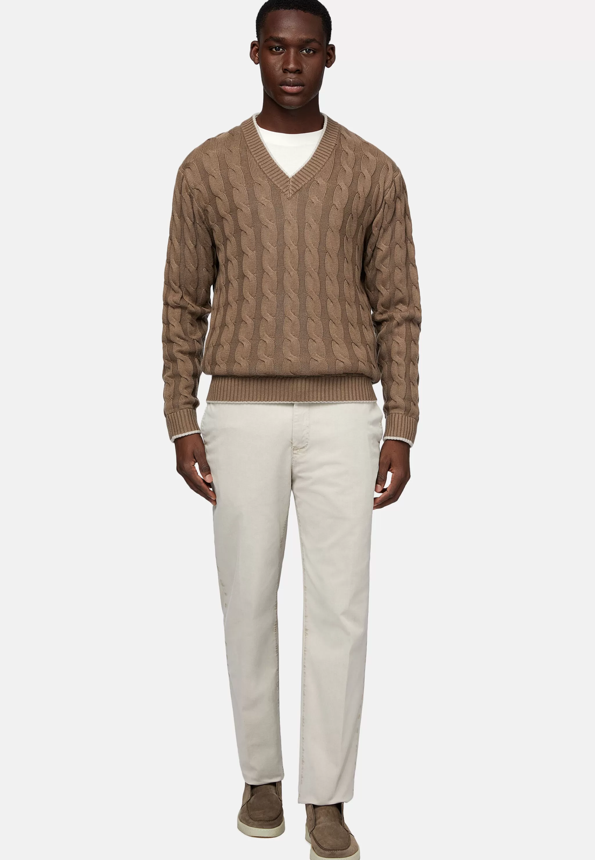 Boggi Milano Tricots*Pull À Col En V En Laine Et Coton Bio Marron