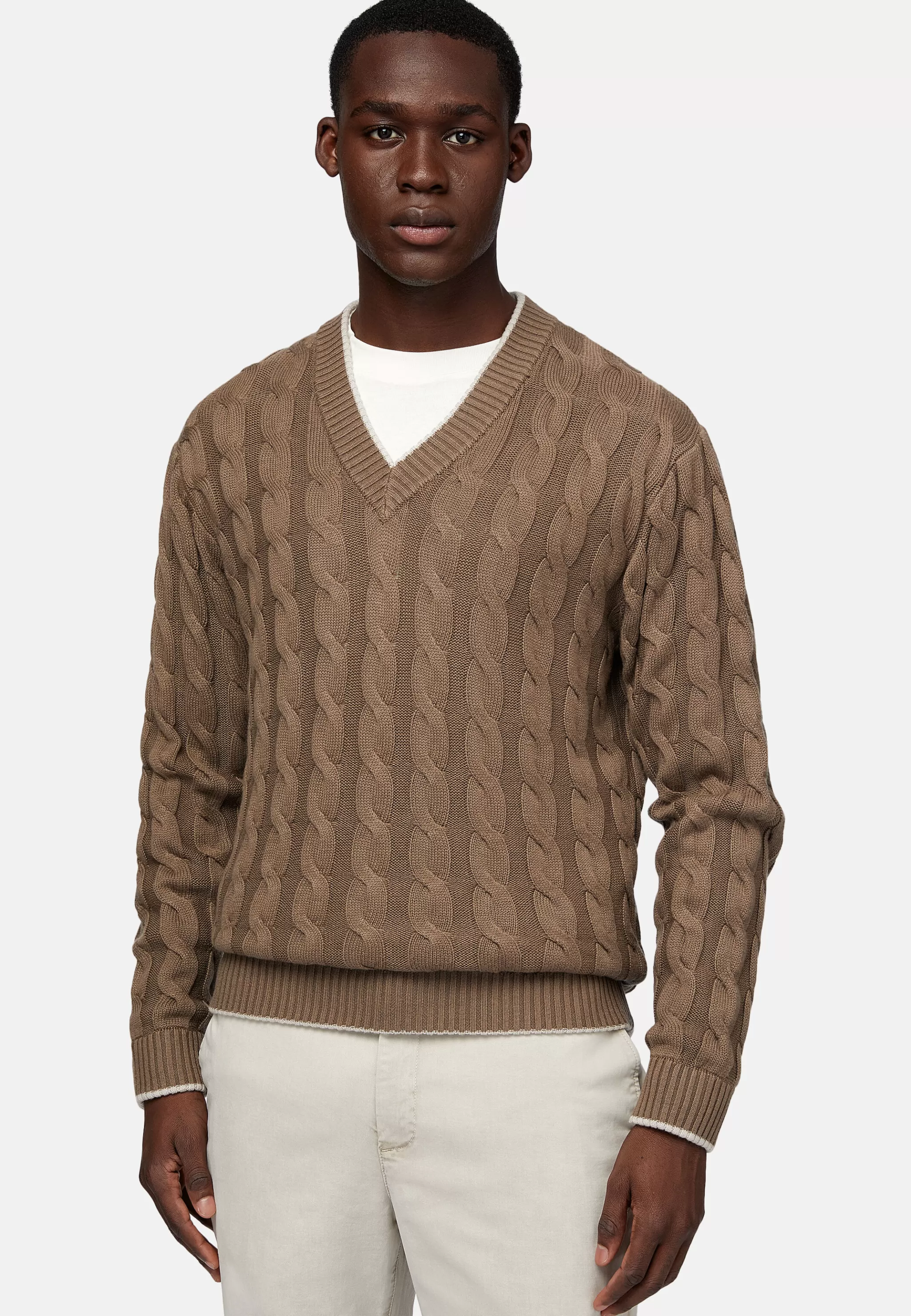 Boggi Milano Tricots*Pull À Col En V En Laine Et Coton Bio Marron