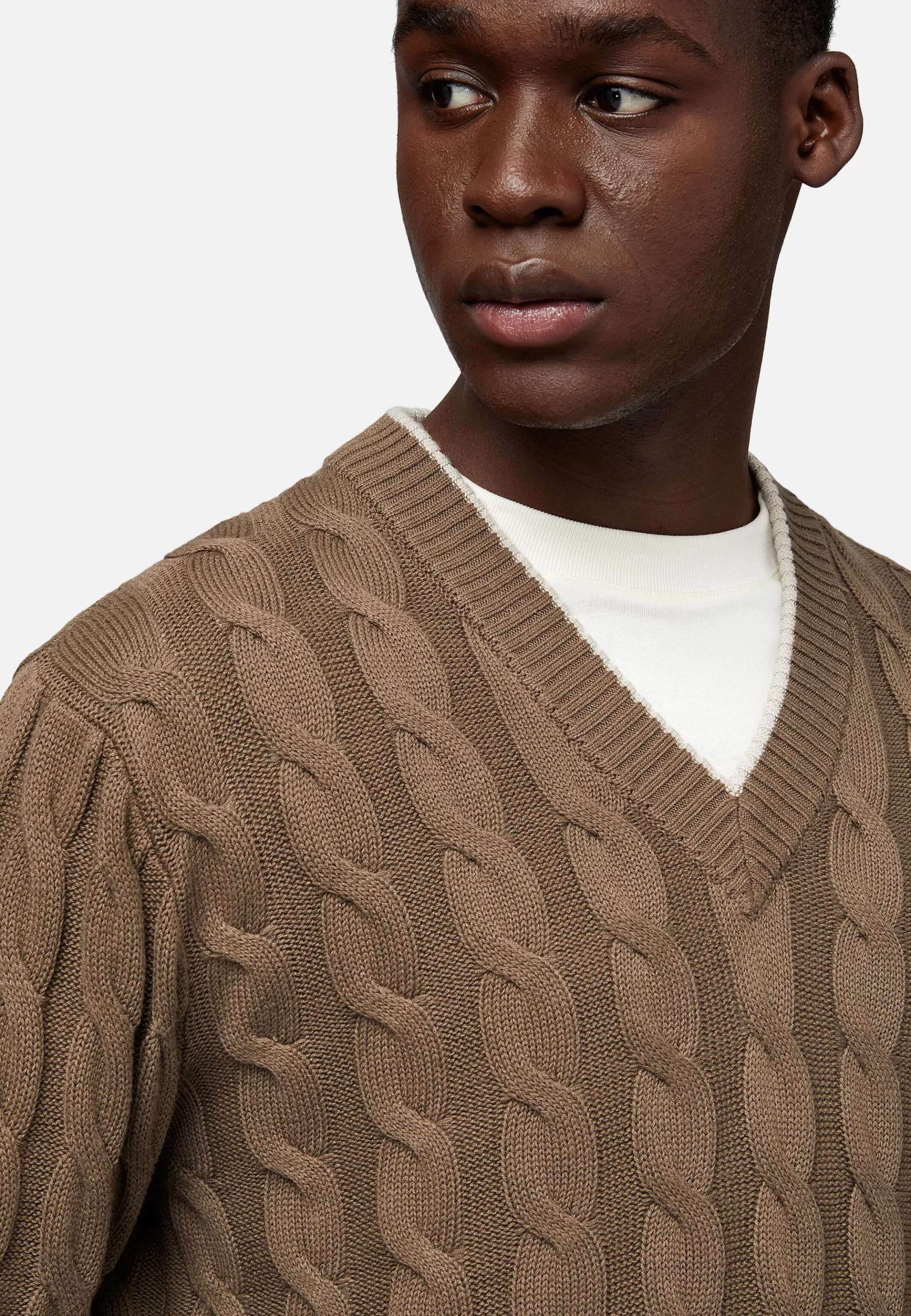 Boggi Milano Tricots*Pull À Col En V En Laine Et Coton Bio Marron