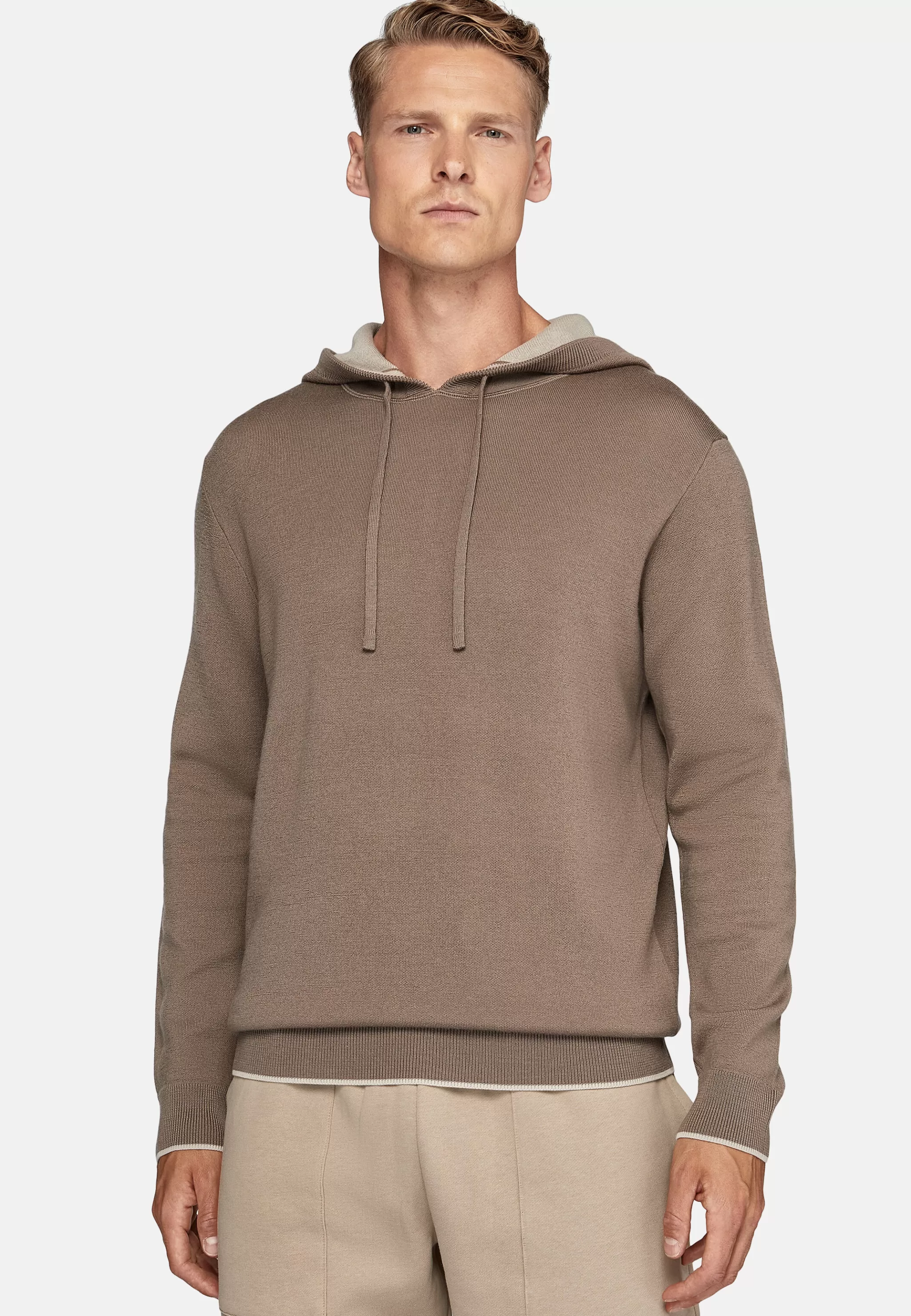 Boggi Milano Tricots*Pull Taupe À Capuche En Laine Nylon Coton