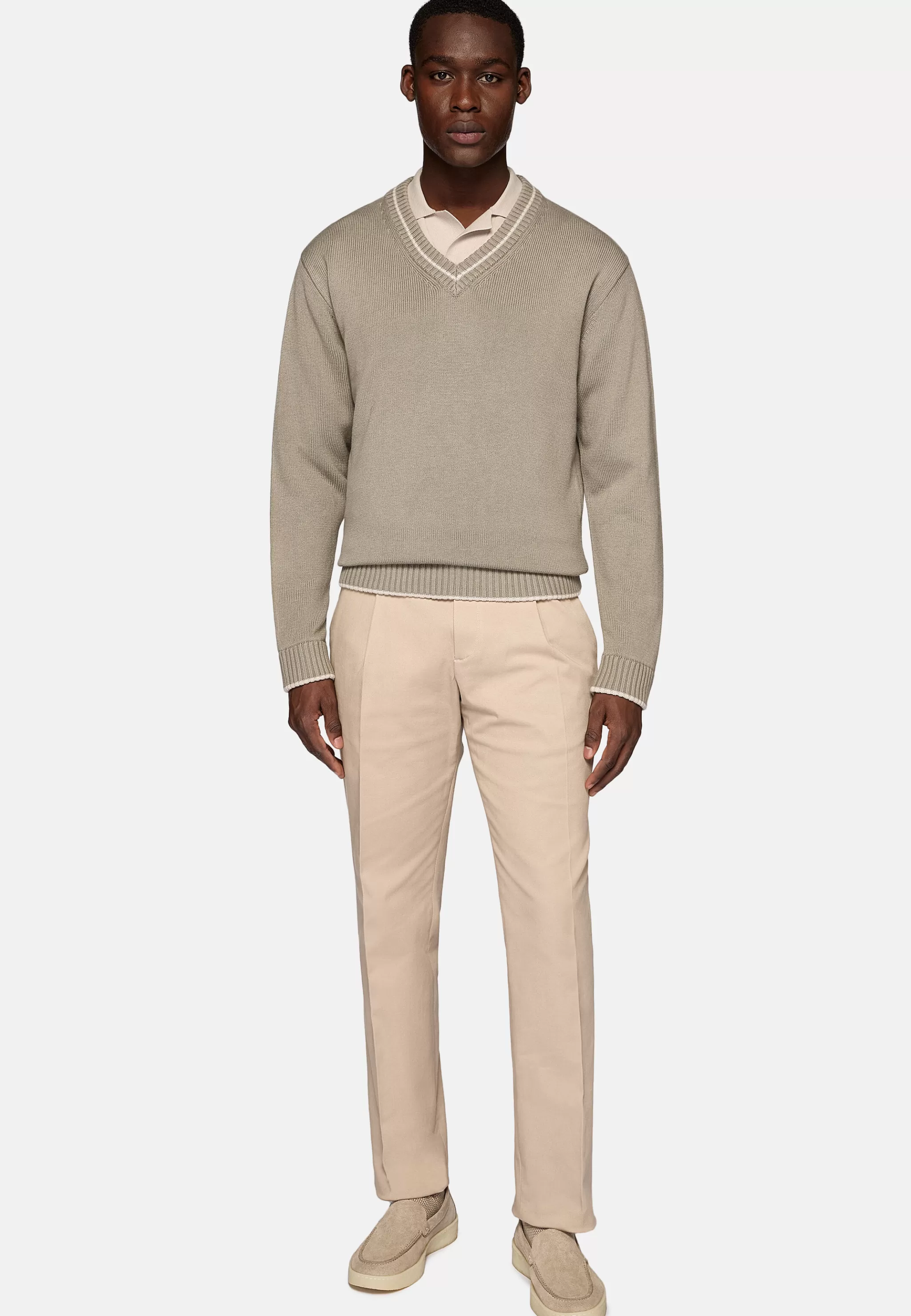 Boggi Milano Tricots*Pull À Col En V En Laine Et Coton Bio Taupe