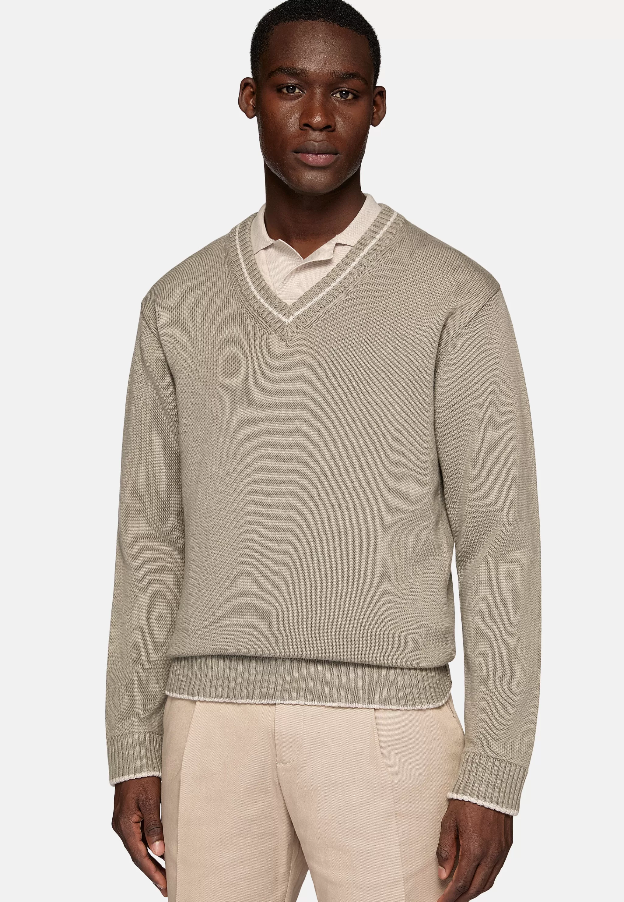 Boggi Milano Tricots*Pull À Col En V En Laine Et Coton Bio Taupe