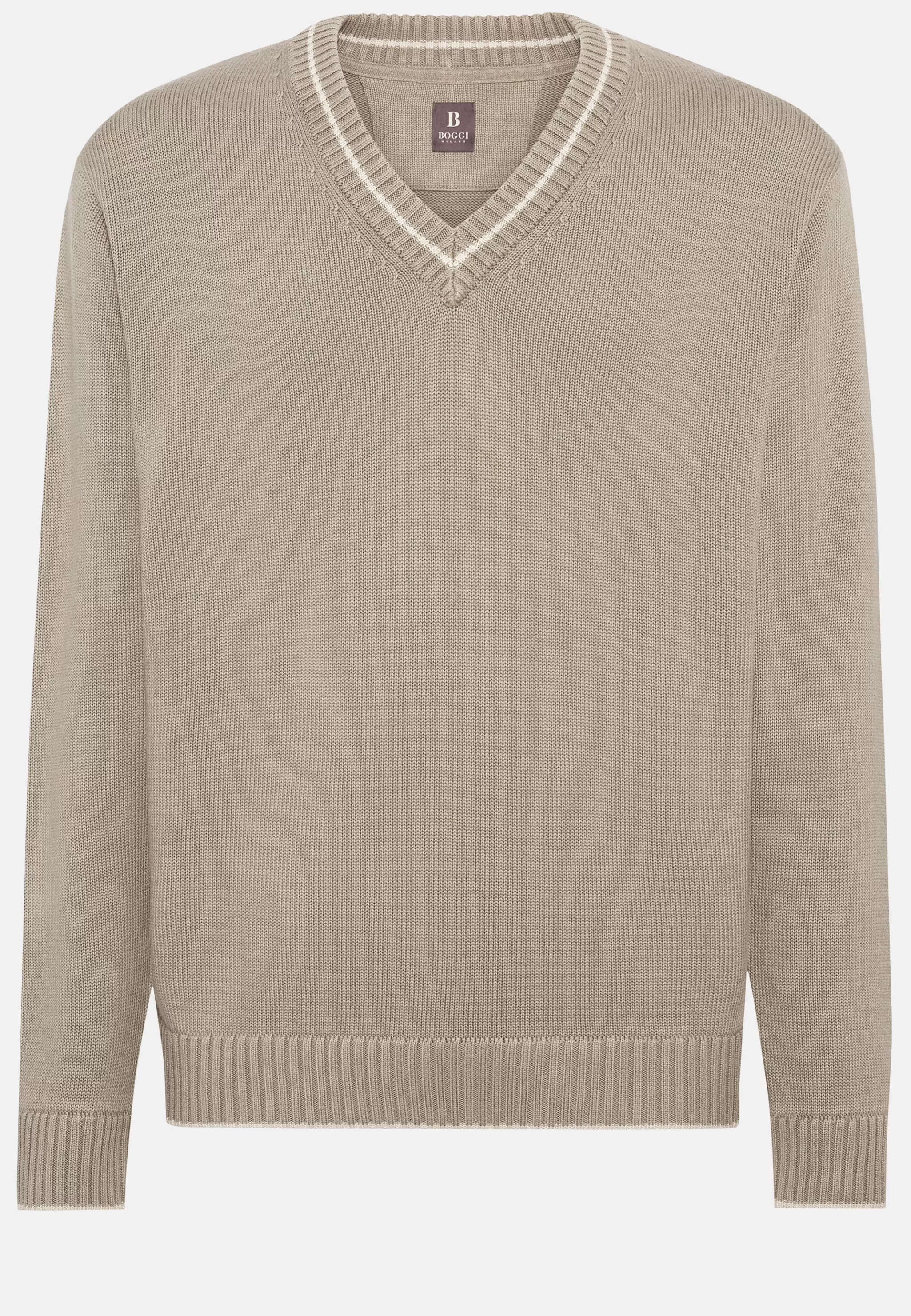 Boggi Milano Tricots*Pull À Col En V En Laine Et Coton Bio Taupe